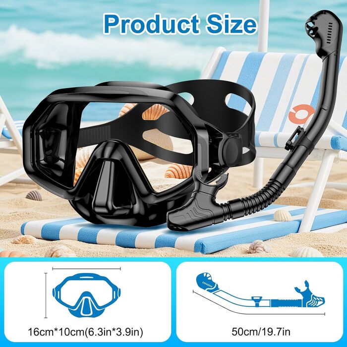 Комплект для снорклінгу дорослий: маска з антифогом, трубка Dry-Top, скло загартоване - Чорний