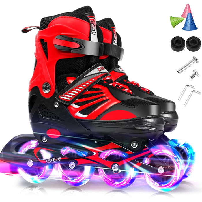 Роликові ковзани Lixada для дітей та підлітків з підсвічуванням, розмір 28-33/34-37/38-41, червоний колір