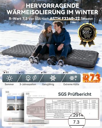 Килимок для кемпінгу HIKENTURE R-Wert 7.3 з ножною помпою, 10 см товщини, 210x64 см, 4 пори року, для туризму та наметів