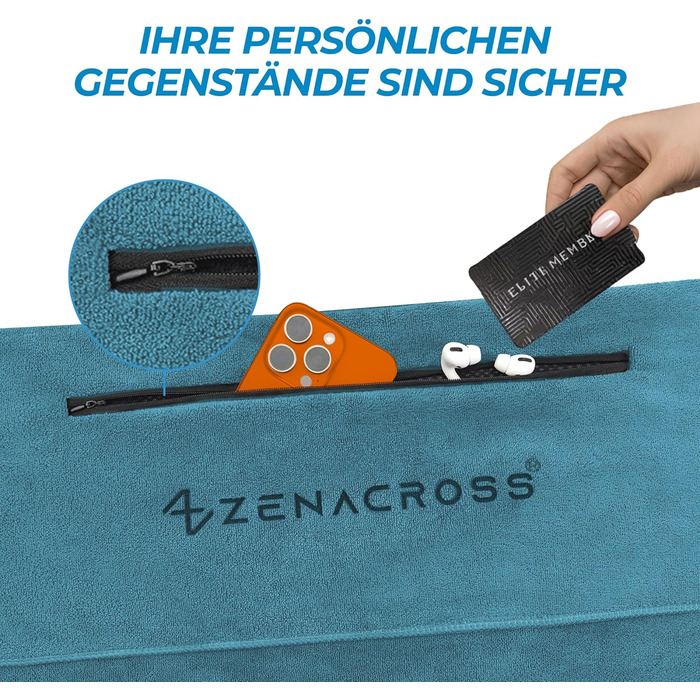 Рушник для фітнесу з мікрофібри 120x50 - швидковисихаючий, з кишенею на блискавці, м'який спортивний рушник для тренажерного залу та спортзалу (120 x 50 см, темно-синій)