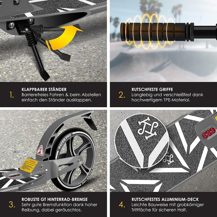 Самокат KESSER Cityroller Pro-S з великими колесами 205 мм, PU, з подвійною амортизацією, складаний та регульований по висоті, для дорослих і дітей