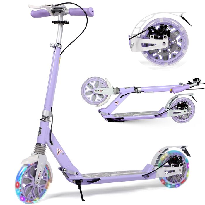 Самокат трюковий Kickscooter LED-ліловий, колеса 200мм, для дітей 8-12 років та дорослих, з дисковими гальмами та подвійною амортизацією, складаний, з ременем для перенесення