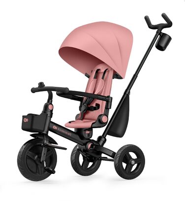 Триколісний велосипед Kinderkraft Aveo для дітей від 9 місяців до 25 кг, з батьківською ручкою, компактно складався, обертовий сидіння, розкладний капюшон з сонцезахистом, з тримачем для напоїв та кошиком, Рожевий