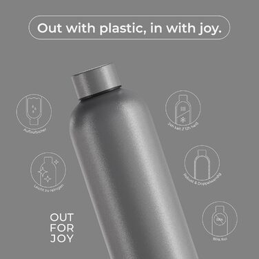 OUT FOR JOY термобутилка з нержавіючої сталі 750 мл, герметична, BPA-free, для газованої води, зберігає 12 годин гаряче і 24 години холодне, для спорту, школи та активного відпочинку, сталева сіра
