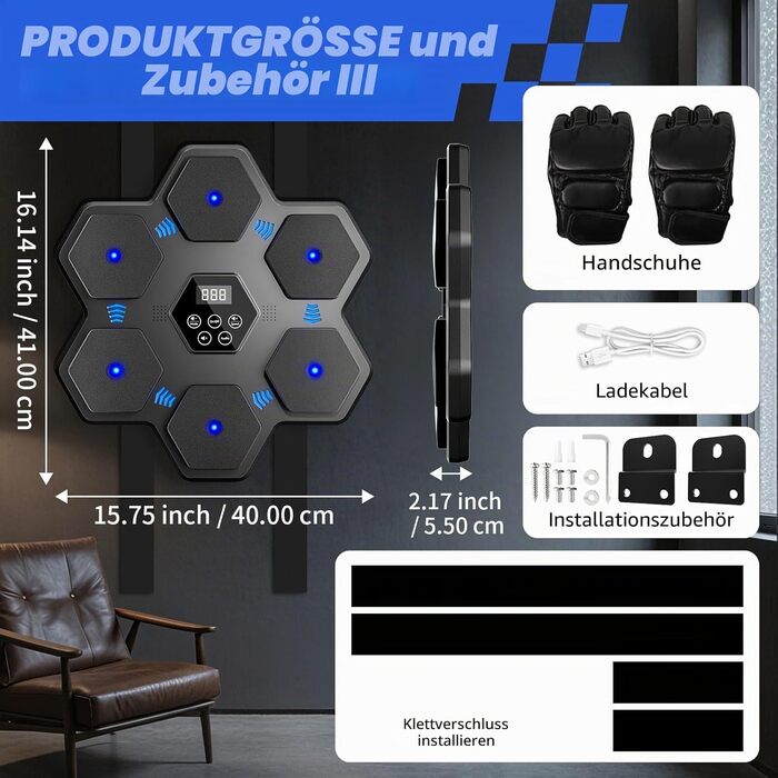 Боксерський тренажер з Bluetooth та LED-дисплеєм для дому, офісу, спортзалу - Musikboxmaschine Silver-Black