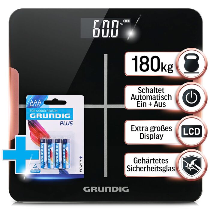 Ваги Grundig для людей: цифрові ваги, до 180 кг, прецизійні сенсори, LCD дисплей, чорний колір (з батарейками)