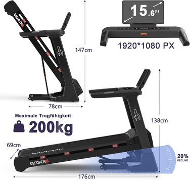 Біговий тренажер для дому Klappbar, з регулюванням нахилу, тихий мотор, велика площа для бігу, WiFi, Bluetooth, APP, німецька якість, сертифікований TÜV (G Series 10)