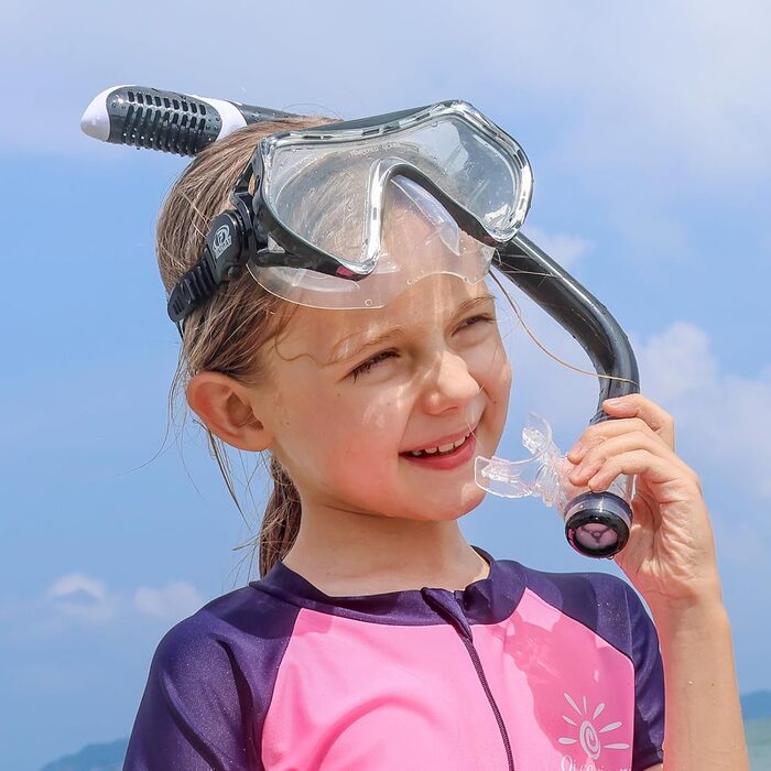 Дитяча маска для снорклінгу та плавання Findway з набірником, 180° панорама, HD, антизапар, анти-тік, для дітей 4-16 років (чорний комплект)