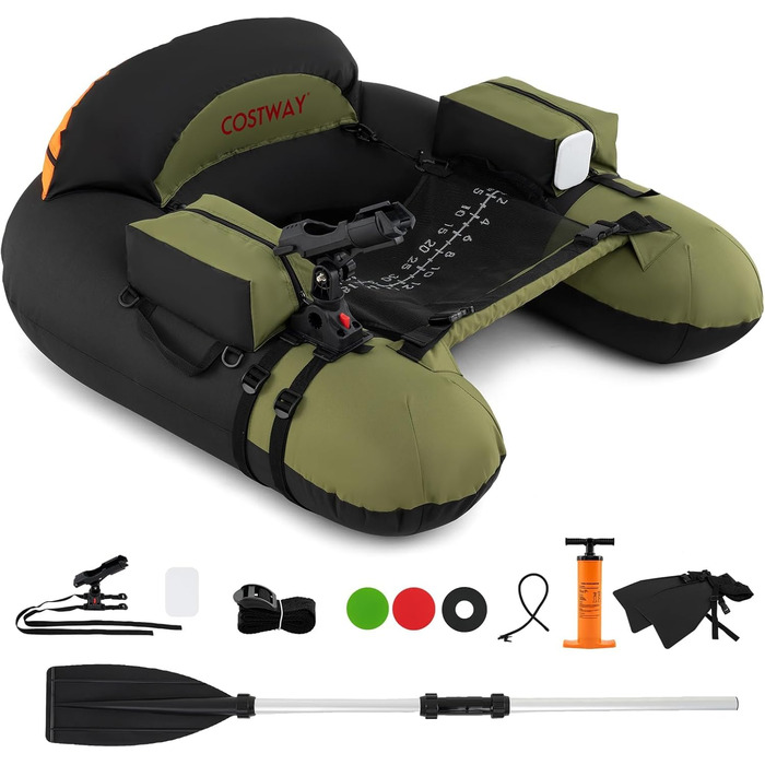 Надувний човен FANTASK для риболовлі з насосом, алюмінієвим веслом та ластами, регульованим утримувачем для вудки, статором для гачків, для дорослих, зелений