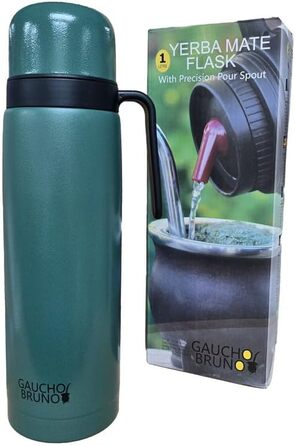 Термос Gaucho Bruno Yerba Mate з носиком, ручкою та гвинтовою кришкою, нержавіюча сталь із зеленим покриттям Crinkle, для гарячих та холодних напоїв