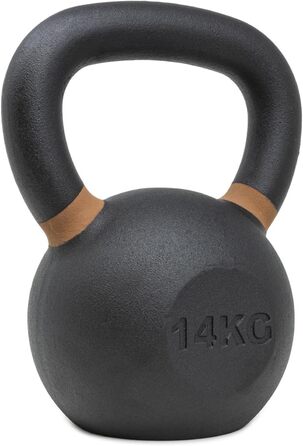 Гиря чавунна Strength Shop 14 кг з ергономічною ручкою, надміцна, з кольоровим маркуванням ваги та чорним порошковим покриттям, для функціонального тренування всього тіла