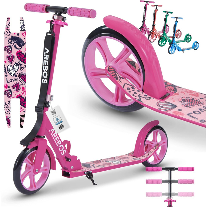 Самокат AREBOS Cityroller для дітей і дорослих, складаний, з регульованою висотою, XXL колесами, ременем для перенесення, гальмом, до 100 кг