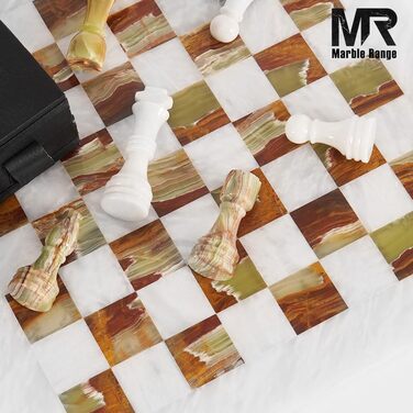 Шаховий набір з мармуру для дорослих, ручної роботи Verona & Green Onyx: ігровий набір з 32 фігурами, 2 додаткові королеви, коробка для зберігання