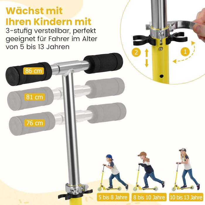 Дитячий роликовий самокат COSTWAY з LED-колесами, регульована висота, для дітей від 4 років, до 70 кг, жовтий