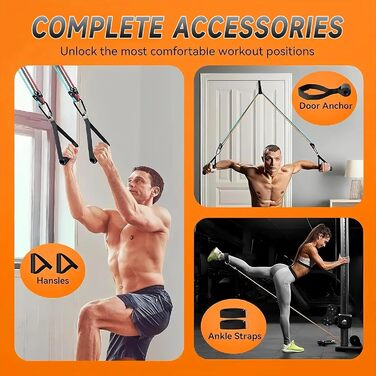 Набір еластичних стрічок для фітнесу Resistance Bands - 5 рівнів, з дверним кріпленням, ручками та кісточками. Для силових тренувань, нарощування м'язів, пілатесу та тренування сідниць. У комплекті сумка для занять вдома, в приміщенні та на вулиці.