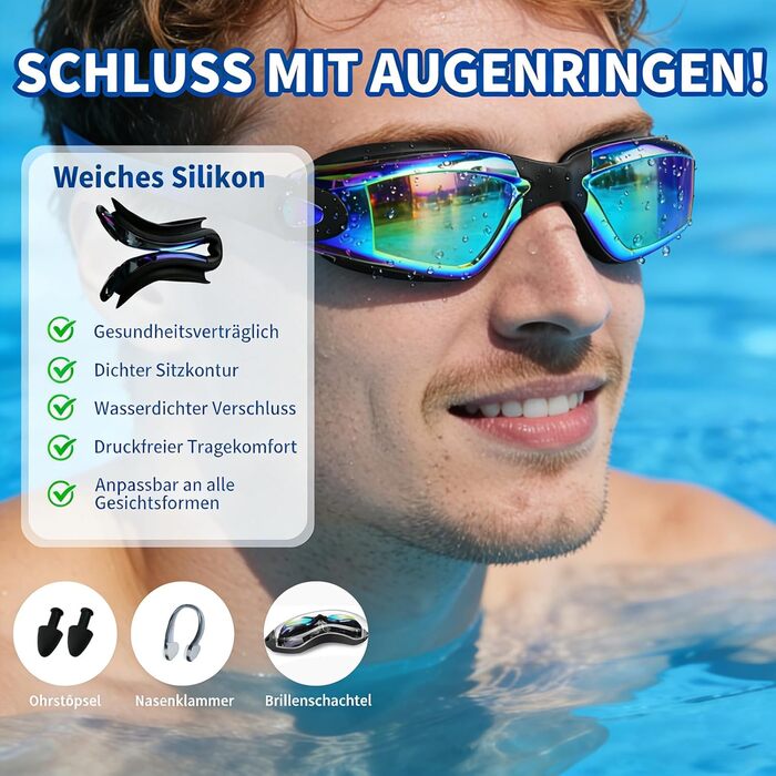 Окуляри для плавання унісекс для дорослих, професійні окуляри для дайвінгу з UV-захистом, антизапітніння, антивитік, чіткий огляд, м'які носові упори (блакитні)