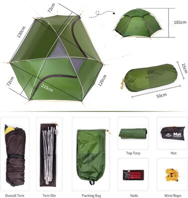 Намет Naturehike Cloud Peak: Ultraleicht 4-сезонний намет для кемпінгу на 2-3 особи, 20D, колір: Waldgrün