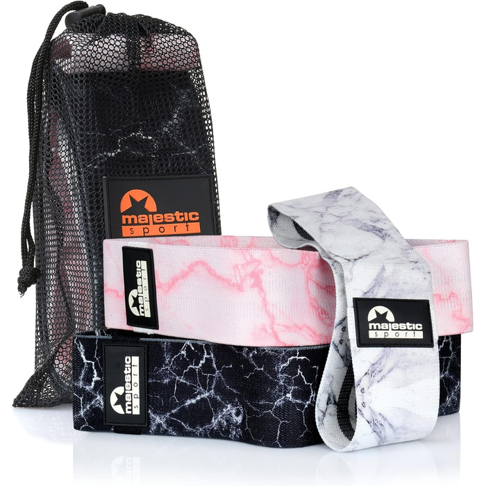 Набір еластичних смуг Majestic Sport Booty Band Set: 3 рівні, 3 дизайни, сумка для перенесення. Для фітнесу, тренувань сідниць та стегон. Кольори: мармур (білий, рожевий, чорний)