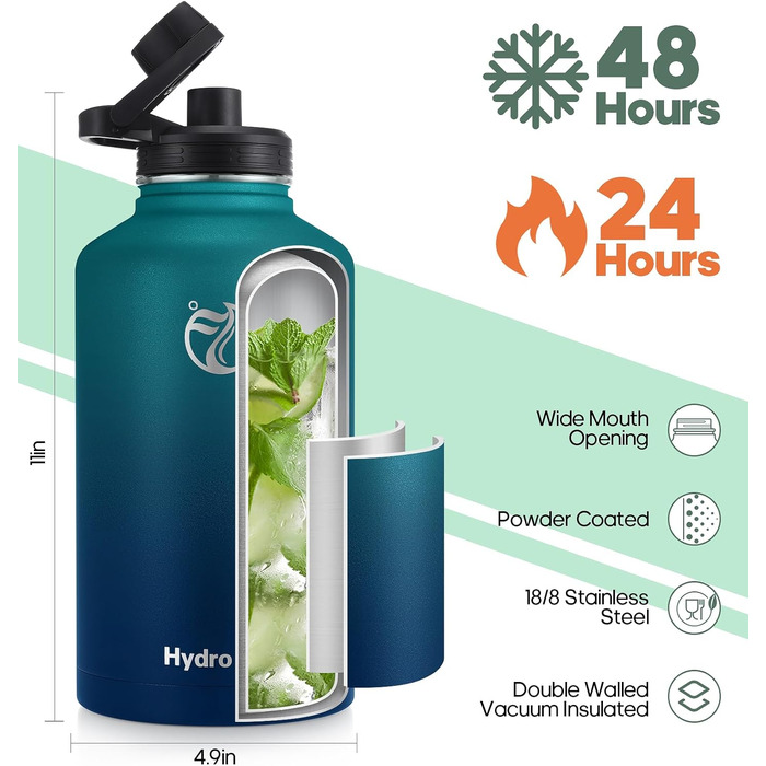 Термопляшка HydroPal з нержавіючої сталі, 1900 мл (з трубочкою, 2 кришки), BPA-Free, для газованих напоїв