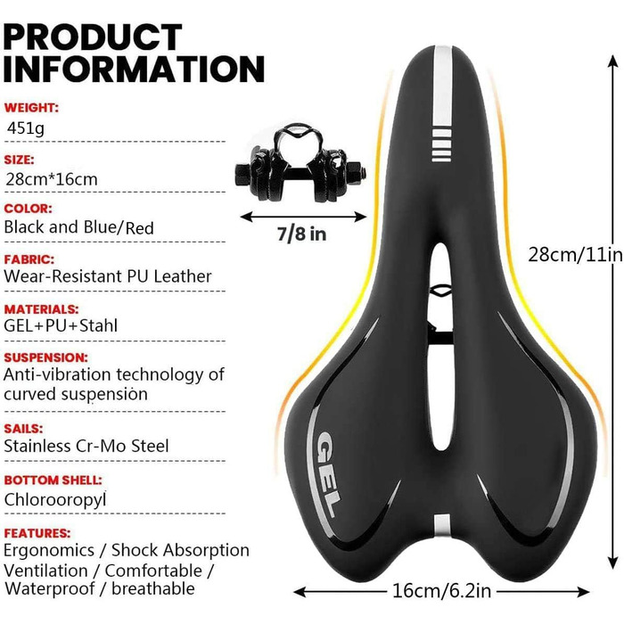Гелевий велосипедний сідло з ергономічною порожнистою формою, амортизований туристичний сідло, комфортний, дихаючий, для BMX/шосе/горного велосипеда, чорний