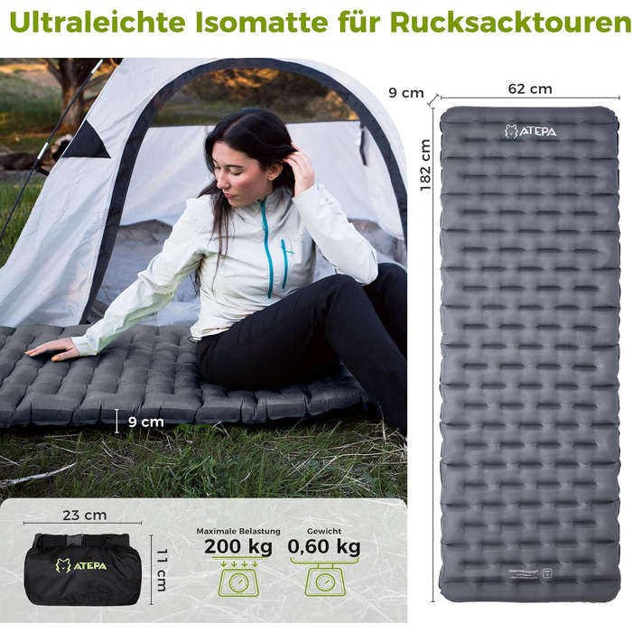 ATEPA ThermAir Ultraleichte Isomatte: Каремат для кемпінгу та хайкінгу, 6 R-value, 9 см, 183x64 см (Сірий)
