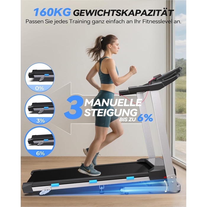 Біговий доріжки для дому Cardirun 3.0PS, 12 км/год, нахил 10%, до 160 кг, LED-дисплей, APP, Bluetooth, тиха, срільно-чорний