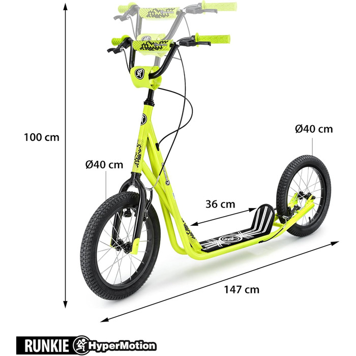 Самокат HyperMotion Runkie для дорослих і підлітків, міський трюковий самокат із великими надувними колесами 16'' (40 см), жовтий