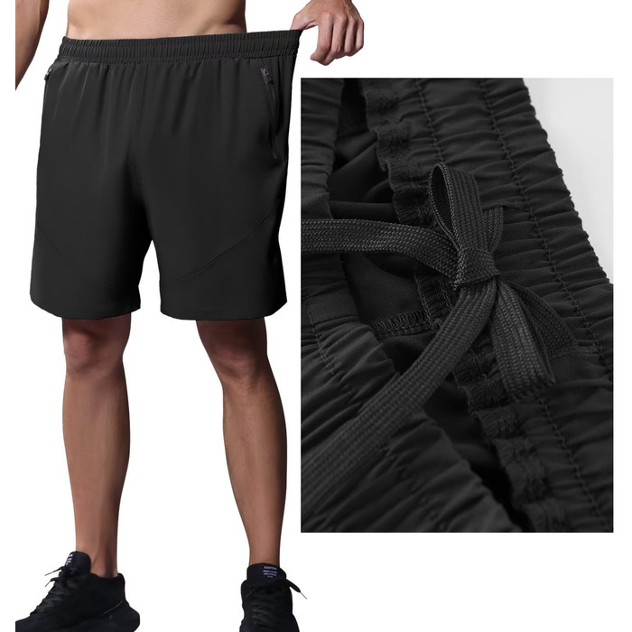 Шорти спортивні чоловічі HMIYA, чорні, швидковисихаючі, легкі з кишенею на блискавці