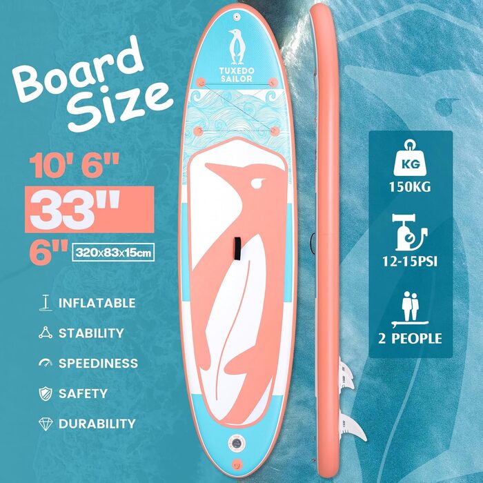 Надувне SUP-борд Tuxedo Sailor з аксесуарами, для дорослих та підлітків, блакитний та жовтий (блакитний та рожевий)