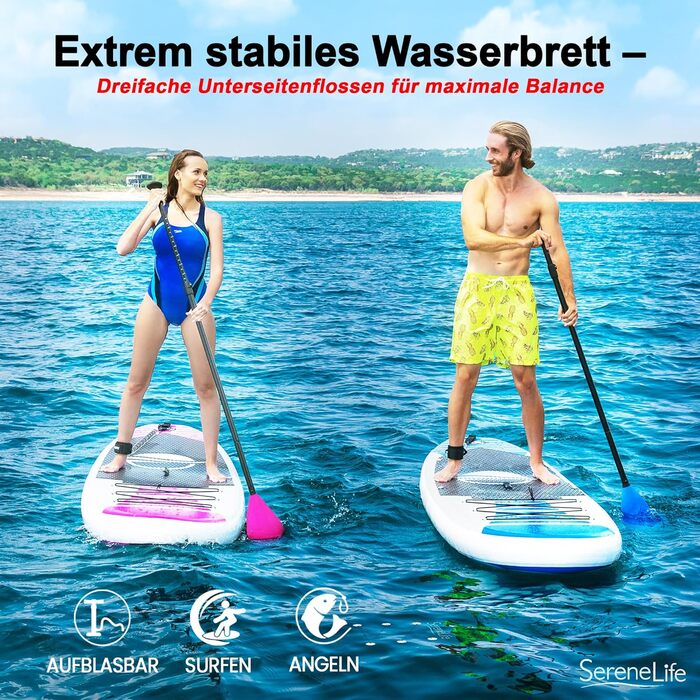 Надувна SUP-дошка SereneLife з повним комплектом аксесуарів, антиковзке покриття, весло, насос, сумка, для дітей та дорослих