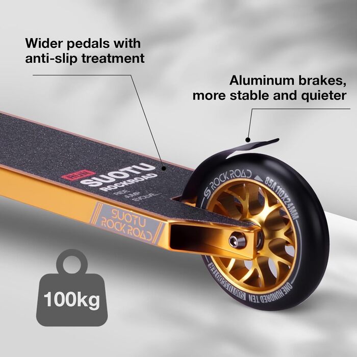 SUOTU Професійний стент-скутер, 360° кермування, роликовий скейт з колесами 110 мм 85A PU, для дітей, підлітків та дорослих, вантажопідйомність 100 кг, алюміній, чорний – золотий