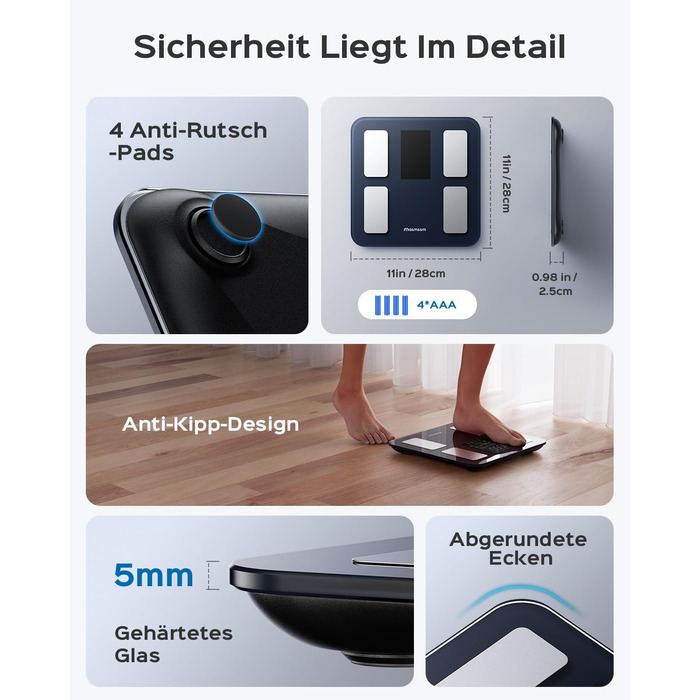 Ваги підлогові цифрові 8-в-1 Bluetooth Personenwaage: аналіз тіла, BMI, відсоток жиру, пульс, iOS/Android, до 180 кг