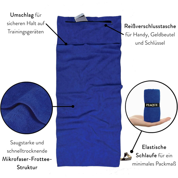 Рушник для фітнесу PEAQE з кишенею на блискавці | Мікрофібра з фротте-структурою | Швидковисихаючий рушник для спортзалу | М'який, 120 x 50 см (Navy-Blue)