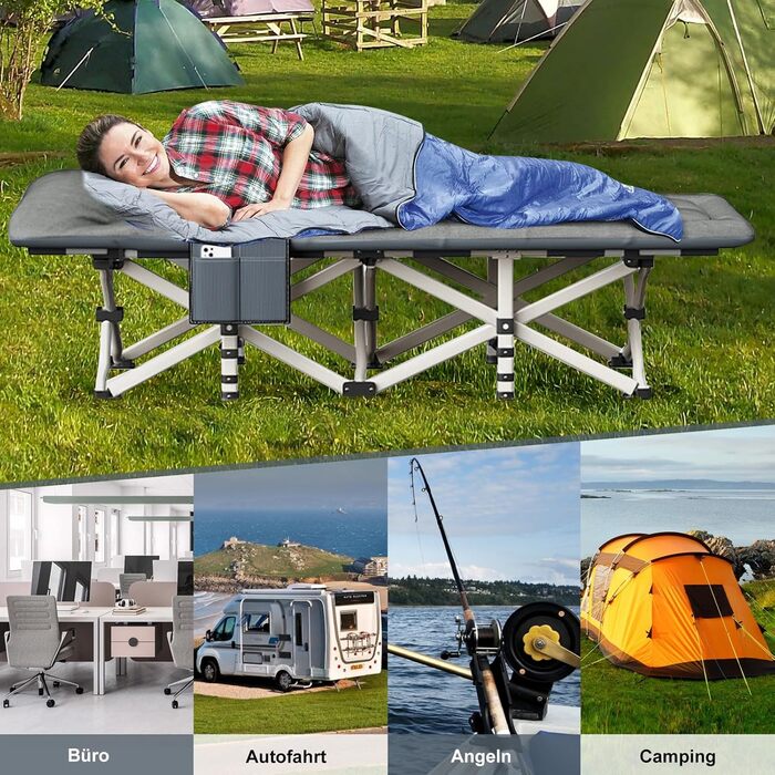 Кемпінгове ліжко Caliyo, розкладне, для відпочинку та гостей, 190x68x40 см, з сумкою для зберігання, сірого кольору