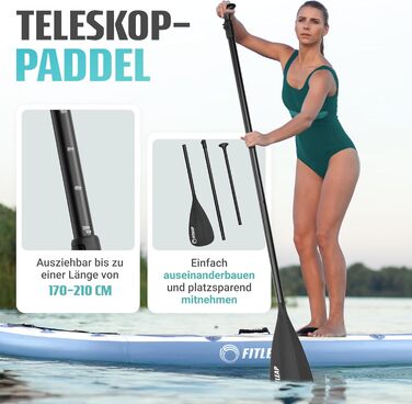 Надувний SUP Борд Fitleap Premium Stand Up Paddle Board - Комплект з насосом, веслом та рюкзаком. Підходить для йоги, серфінгу та водних видів спорту. Для 1 особи.