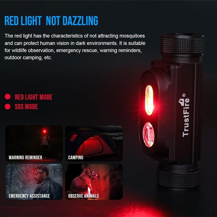 Ліхтар налобний LED TrustFire MC18, 1200 люмен, водонепроникний, 5 режимів, з регульованим наголов'ям (червоний)