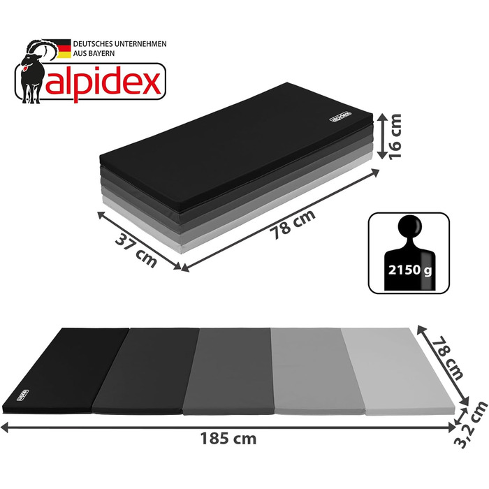 Складаний гімнастичний мат ALPIDEX 185x78x3,2 см, м'який спортивний мат для дому, для дітей і дорослих, сірий