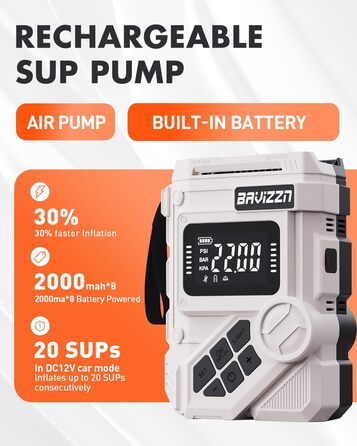 Акумуляторний електричний насос 22PSI 12V для SUP-борда, човнів та каяків, з USB Type-C, функцією надування та випускання повітря, 7 насадок, сірий
