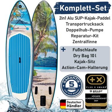 Надувний SUP-борд BRAST Tropic | Комплект для станд-ап паддлбордингу | 320x81x15 см | 6 дизайнів | 5 років гарантії | з аксесуарами | 2-в-1: SUP та каяк | тримач для Action Cam, ланцюг для ніг, насос, рюкзак (для пляжу)