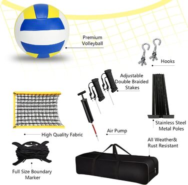 Волейбольний набір Yoving 9,5м x 1м: повний комплект для гри в залі та на пляжі | Регульована висота, сталеві стовпи, лінійки, м'яч, сумка | Професійний волейбольний набір