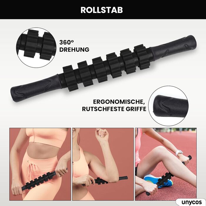 Набір для масажу м'язів Unycos: ролер фасції, фітнес-гумка, масажний м'яч, палиця для реабілітації, шнур для фітнесу та сумка для зберігання (чорний)