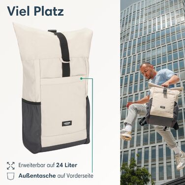 Жіночий рюкзак LARKSON Rolltop No 2, бежево-сірий, для ноутбука 16'' – водостійкий, антивандальний, для школи, університету, роботи, велосипеда, екологічний