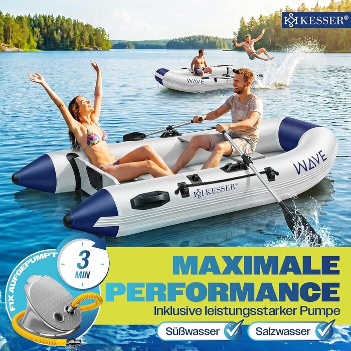 Надувний човен KESSER® Wave 230-320 см, комплект 6 в 1: човен, лавка, насос, весла, ремкомплект, сумка. Для моря, річки, мотора. Сіро-блакитний