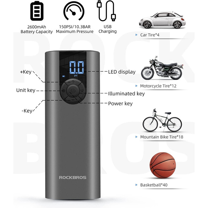 ROCKBROS Електричний насос-автокомпресор 2600mAh, 150PSI для авто, мото, велосипедів, м'ячів з LED та датчиком тиску