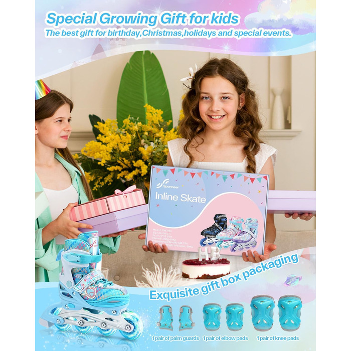Дитячі ролики Inliner Sportneer, 30-41 розмір, комплект з 6 захисниками, LED, блакитний, для дівчаток та жінок