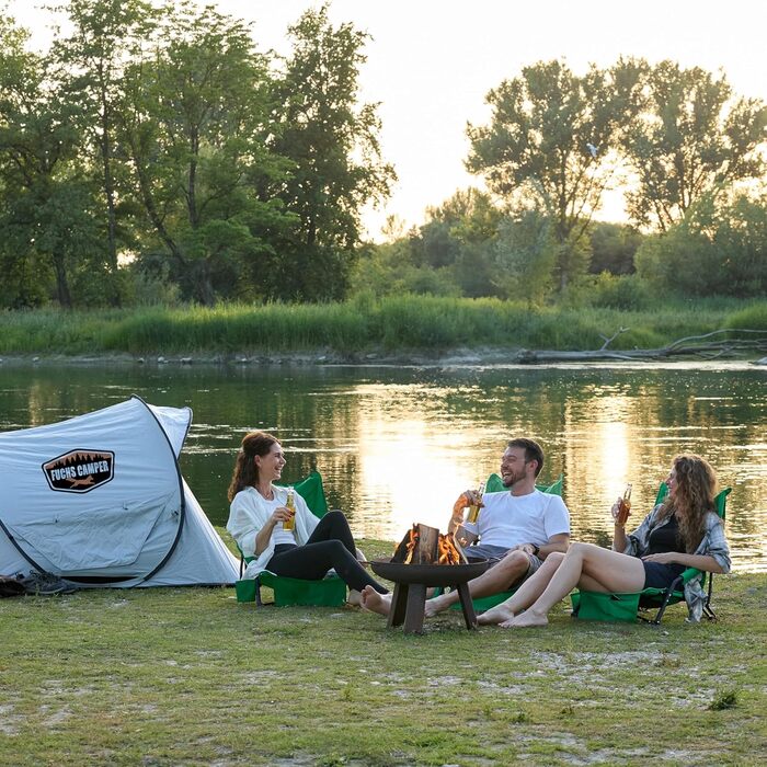 Складний туристичний стілець Fuchs Camper Strandstuhl – зручний для кемпінгу та відпочинку на пляжі, з високою спинкою та сітчастою тканиною, з тримачем для напоїв та кишенею, міцний (до 150 кг), чорний/зелений (1 шт.)