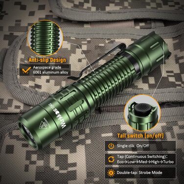 Wurkkos TD02 тактична ліхтарик LED, 2000 люмен, USB-C, водонепроникний IP68, 6 режимів, компактний, для активностей на відкритому повітрі та в приміщенні (зелений)