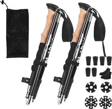 Тростини для скандинавської ходьби - 2 шт. Telescopic, алюміній, 33–125 см, складані, з ергономічними ручками та 12 гумовими наконечниками для піших прогулянок, альпінізму, кемпінгу та активного відпочинку. Чорний колір