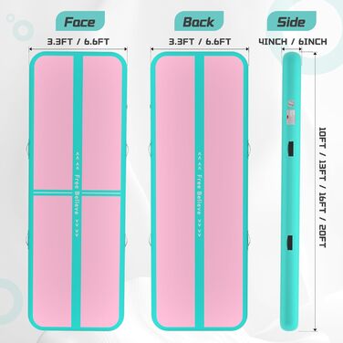 Надувна гімнастична килимок для челедангу, йоги, паркуру, пляжу, парку та води (зелений/рожевий, 13ft*3.3ft*6inches(4m*1m*0.15m))