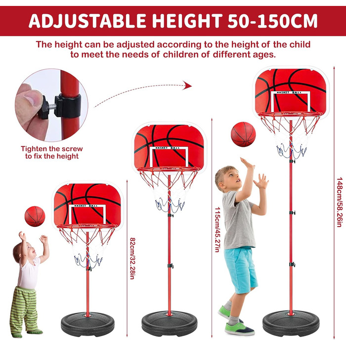 Дитячий баскетбольний кошик для вулиці та дому, регульована висота 50-150 см, комплект з м'ячами та сітками